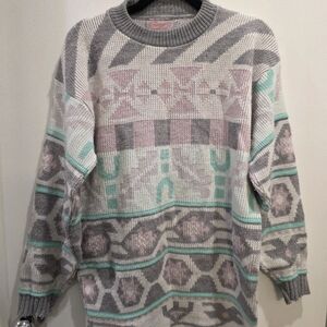Vintage Pastel Patterned Crew Neck Sweater